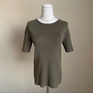 AKRIS Punto Olive Ribbed Cotton Knit Short Sleeve Tee Grommets